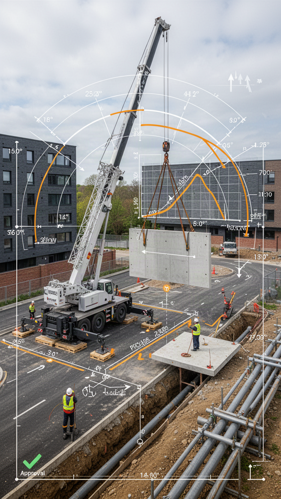 Planned crane lift showing rigging, exclusion zone, wind, ground reactions and technical drawing overlays
